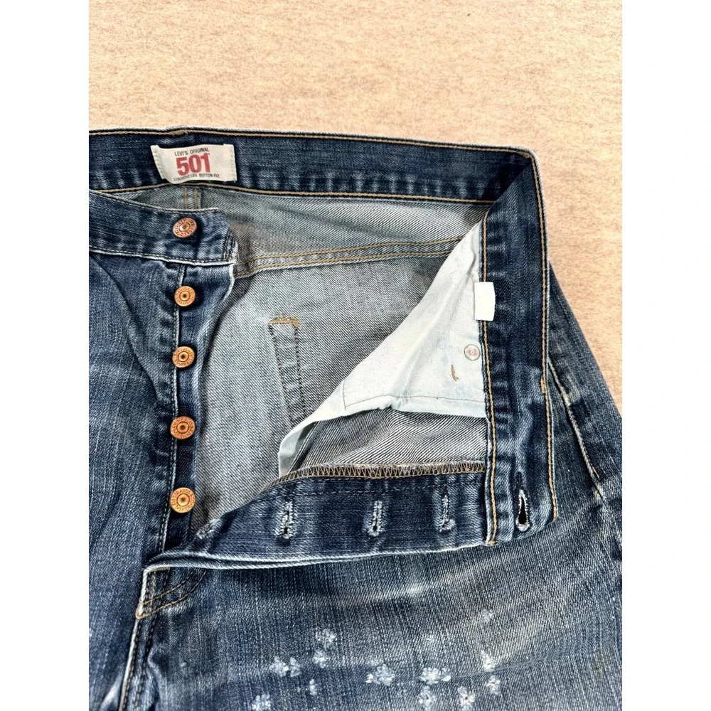 Levis 501 Original Straight Jeans Men 36x34 Blue Whiskering Denim Button Fly